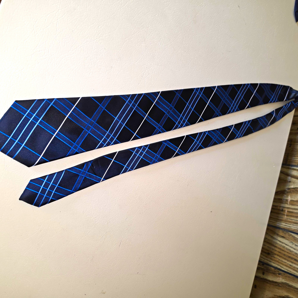 George Men's Black Blue White Plaid Check Polyester Logo Necktie Tie